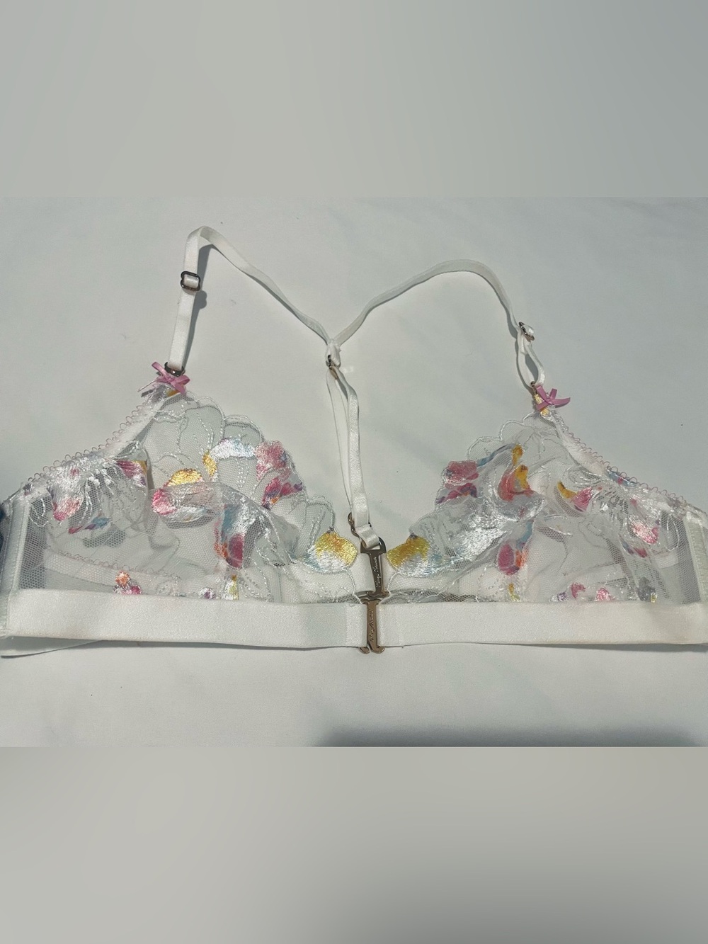 Honey Birdette Sheer White Triangle Bralette with Pink & Gold Embroidery